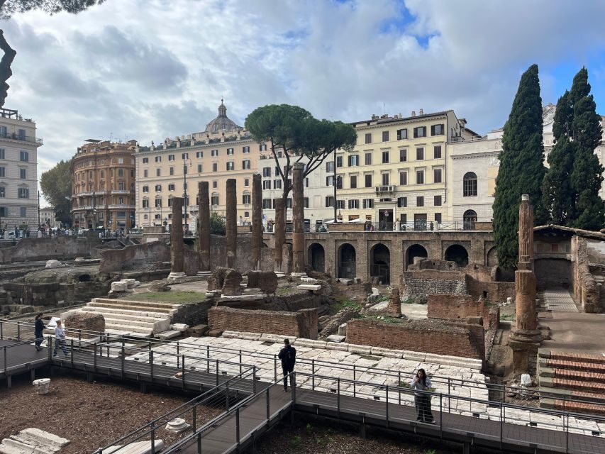 Ancient Rome: Archeological area Largo Argentina - Curia of Pompey tuff base: finding the Julius Caesar reference point