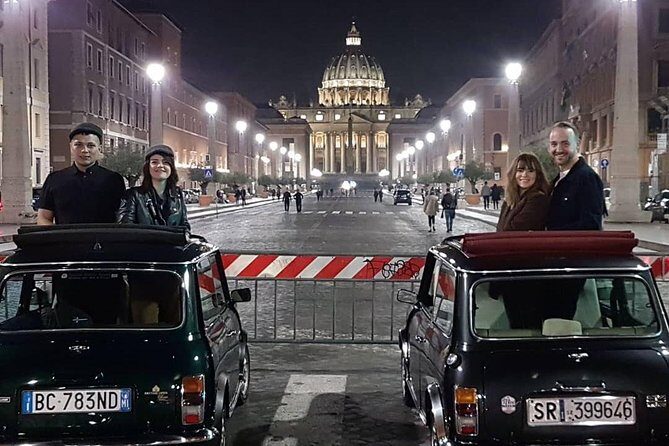 NIGHT TOUR THINK BIG, GO MINI! Rome in Mini Cooper Classic Cabrio - Pickup timing: 9:00 PM departures and a 3-hour rhythm